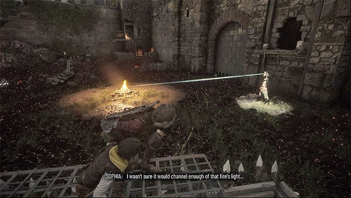 Sophia will appear, who can now use her prism on light sources to reach safe, illuminated circles - Plague Tale Requiem: Chapter 10, Survive the assault - walkthrough - Chapter 10 - Bloodline - A Plague Tale Requiem Guide, Walkthrough