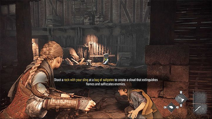 In the next area, you must first drop the meat by hitting it with the slingshot, and then use the slingshot on a bag of saltpeter - A Plague Tale Requiem: Chapter 3, Exit the city - walkthrough - Chapter 3 - A Burden of Blood - A Plague Tale Requiem Guide, Walkthrough