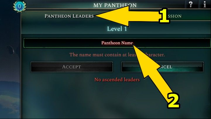 There you can check the ascended heroes (#1) and name your Pantheon (#2) - Age of Wonders 4: Pantheon - Basics - Age of Wonders 4 Guide