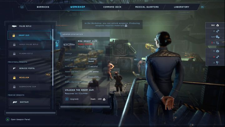 While at the base, visit the Workshop where you can buy new weapons and gadgets - Aliens Dark Descent: How to unlock the Smart Gun? - FAQ - Aliens Dark Descent Guide