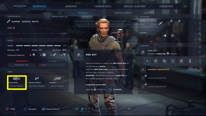 Go to the Barracks and choose a Gunner - Aliens Dark Descent: How to unlock the Smart Gun? - FAQ - Aliens Dark Descent Guide