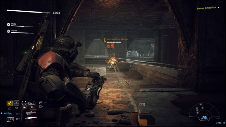 Most of the enemies are standard ones, but you'll also encounter ranged opponents, and a Warrior, so conserve your ammo, and if you run out, go to the ammo crate and replenish - Aliens Fireteam Elite: Recon - walkthrough - A gift of fire - Aliens Fireteam Elite Guide