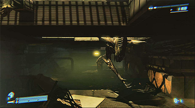 The Xenomorph won't jump after you, but as you move through the very narrow corridors, stop where the alien starts tearing ceiling fragments in the attempts to grab you - Escape - Mission 5: The Raven - Aliens: Colonial Marines - Game Guide and Walkthrough