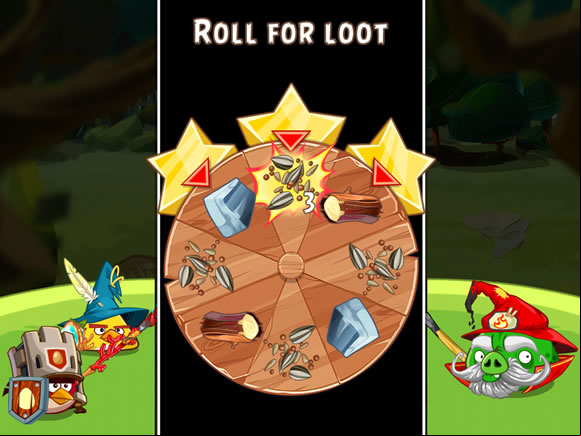 This is how drawing rewards from the Wheel of Fortune looks like. Three items marked with red arrows are pulled out. - The Wheel of Fortune - Angry Birds Epic - Game Guide and Walkthrough