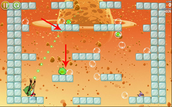 Launch the first bird roughly at the middle of the indicated block - it will destroy three other blocks and the pig with them - Level E-4 - Eggsteroids - Angry Birds Space - Game Guide and Walkthrough