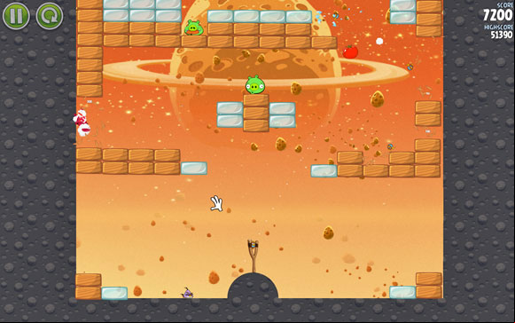Try to aim at the hole you just made so that at least one of the birds (split them at the last moment) could reach the upper part, where it can easily score a lot of points - Level E-3 - Eggsteroids - Angry Birds Space - Game Guide and Walkthrough