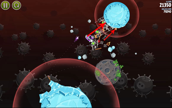 Don't wait too long before launching the second bird at the asteroid, which you have to knock down towards the small piglet - Level 3-29 - Danger Zone - Angry Birds Space - Game Guide and Walkthrough