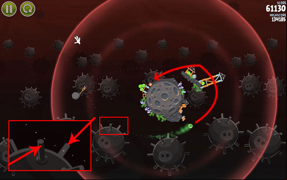 Send the second bird the other way, adjusting the flight path between the two prongs shown on the close-up - Level 3-18 - Danger Zone - Angry Birds Space - Game Guide and Walkthrough
