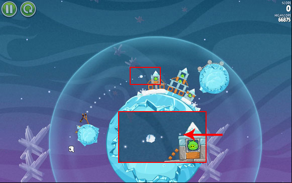Adjust the flight path to go right above the ice , pictured on the close-up above - Level 2-9 - Cold Cuts - Angry Birds Space - Game Guide and Walkthrough