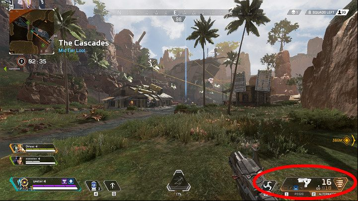 The bottom right corner of the screen displays the currently equipped weapon along with its upgrades and the amount of the available ammunition - Interface in Apex Legends - Starting tips - Apex Legends Guide