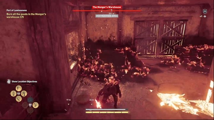 Your goal is to burn the goods in the warehouse that belongs to then Monger - AC Odyssey: Land of the Lawless - Main Storyline - Assassins Creed Odyssey Guide