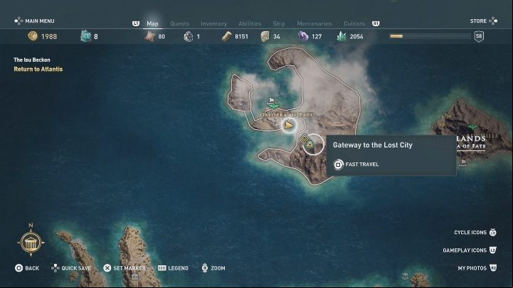 To get to the gates of the ancient city, you need to go to the Gateway to the Lost City - AC Odyssey Fate of Atlantis: The Second Calling - Episode 2 - Torment of Hades - Assassins Creed Odyssey Guide