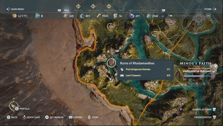 In Minoss Faith, there is a single Ainigmata Ostraka - AC Odyssey Fate of Atlantis: Minoss Faith, Fields of Elysium map - Episode 1 - Fields of Elysium - Assassins Creed Odyssey Guide