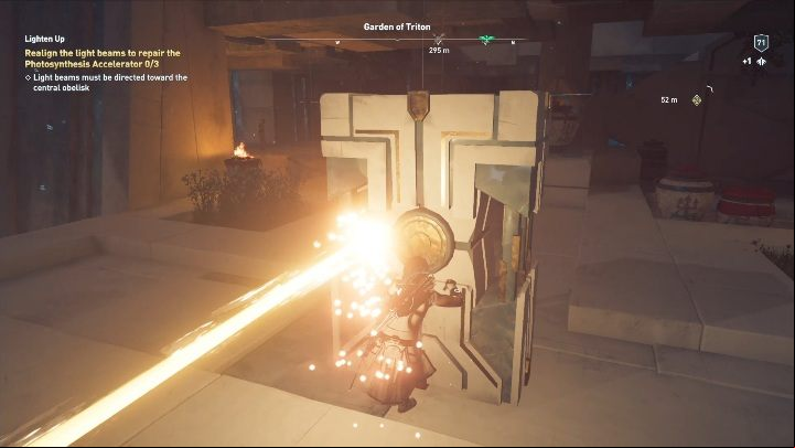 Then jump down and adjust the block so that it does not reach the rays - AC Odyssey Fate of Atlantis: Lighten Up - Episode 3 - Judgement of Atlantis - Assassins Creed Odyssey Guide