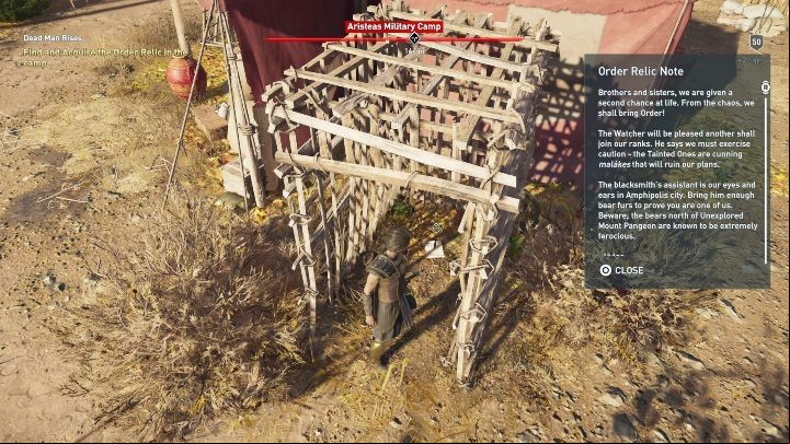 At the beginning of your mission, you must get the Order Relic from the enemy camp - AC Odyssey Legacy of the first blade DLC: Order of Hunters - Order of the Ancients - Assassins Creed Odyssey Guide