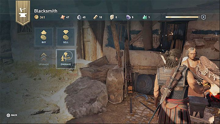 When talking to the blacksmith, the Engrave dialogue option will appear - AC Odyssey: Make It Your Own Trophy - Trophy Guide - Assassins Creed Odyssey Guide