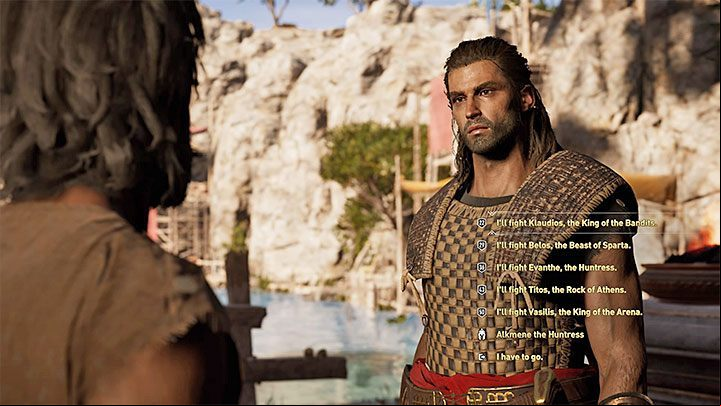 After entering the Arena, talk to Skoura - AC Odyssey: How to get to Arena? How to unlock Arena? - FAQ - Assassins Creed Odyssey Guide