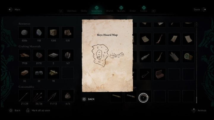 The treasure is in the southern part of the region, on a small isle located in the middle of the lake - AC Valhalla Crossover Stories: Treasure Hoard Map on Isle of Skye - location - Secrets and Collectibles - Assassins Creed Valhalla Guide and Walkthrough