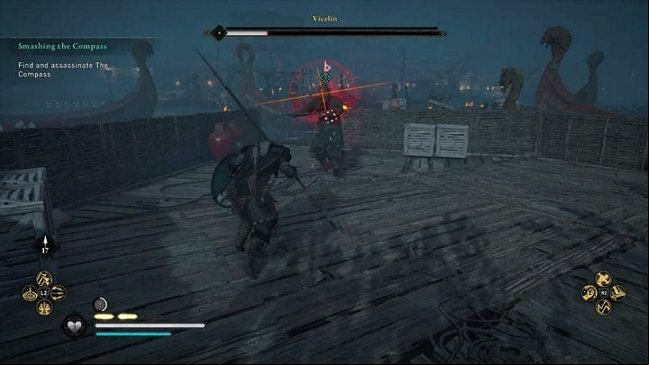 Watch out for the red flash, which announces a powerful attack that cannot be blocked so you will have to avoid it - Assassins Creed Valhalla: Smashing the Com - Lunden - Assassins Creed Valhalla Guide and Walkthrough