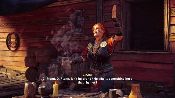 Ciara is the red-haired poetess of the Irish king Flann, whom you will meet for the first time during a quest called Flann over Ireland - AC Valhalla Wrath of the Druids: Is romance with Ciara possible? - FAQ - Assassins Creed Valhalla Guide and Walkthrough