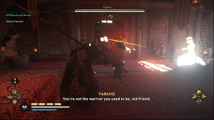Most of Faravid's special attacks are indicated by a yellow rune flash and can be blocked or parried - Assassins Creed Valhalla: Faravid boss fight - how to win? - Bosses - Assassins Creed Valhalla Guide and Walkthrough
