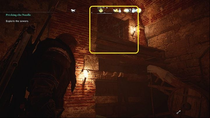 The path continues through the wooden scaffolding where the black cloth was hung out - Assassins Creed Valhalla: Pricking The Needle - Jorvik - Assassins Creed Valhalla Guide and Walkthrough