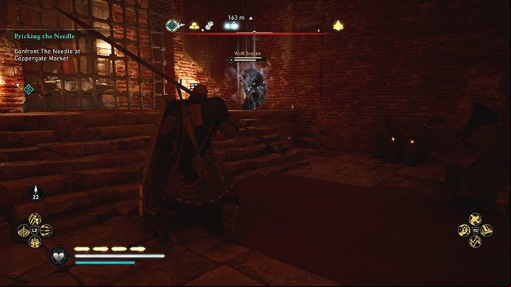 The Needle will exit through a side door and leave you in the company of his elite men - Assassins Creed Valhalla: Pricking The Needle - Jorvik - Assassins Creed Valhalla Guide and Walkthrough