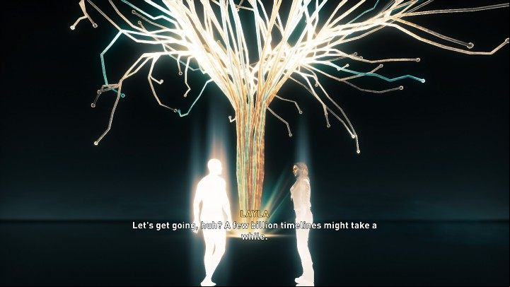 Layla takes Basim's place in the simulation, where she meets the luminous character of The Reader, who has dedicated himself to exploring all possible futures that will allow him to stop the end of the world - Assassins Creed Valhalla: Modern Day Ending - Endings - Assassins Creed Valhalla Guide and Walkthrough