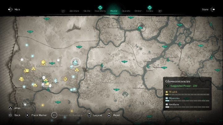 You will find the stones in the eastern part of the location - Assassins Creed Valhalla: Standing Stones - Glowecestrescire secrets, locations - Glowecestrescire - Assassins Creed Valhalla Guide and Walkthrough