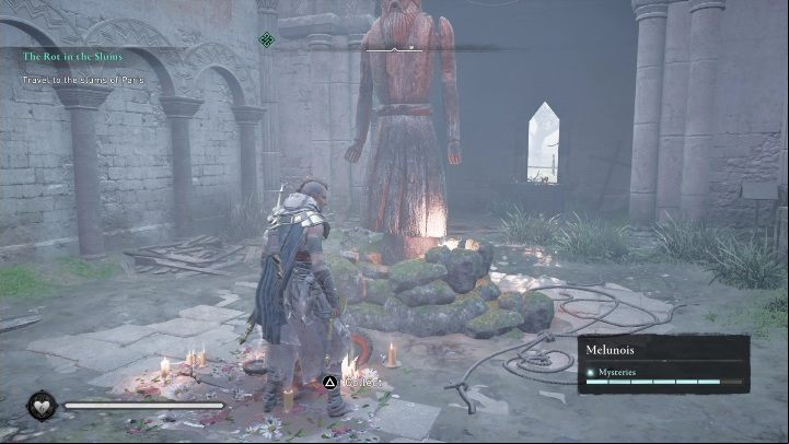 After killing the enemies, you must approach the statue located in the middle of the building - AC Valhalla Siege of Paris: Not God Enough, Melunois - Melunois - Assassins Creed Valhalla Guide and Walkthrough