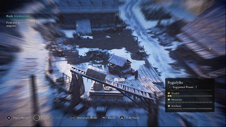 Your main goal is to locate and burn several supply carts – they are located on both sides of the village and also at the very end, near the entrance to the cave - Assassins Creed Valhalla: Rude Awakening - Rygjafylke - Assassins Creed Valhalla Guide and Walkthrough