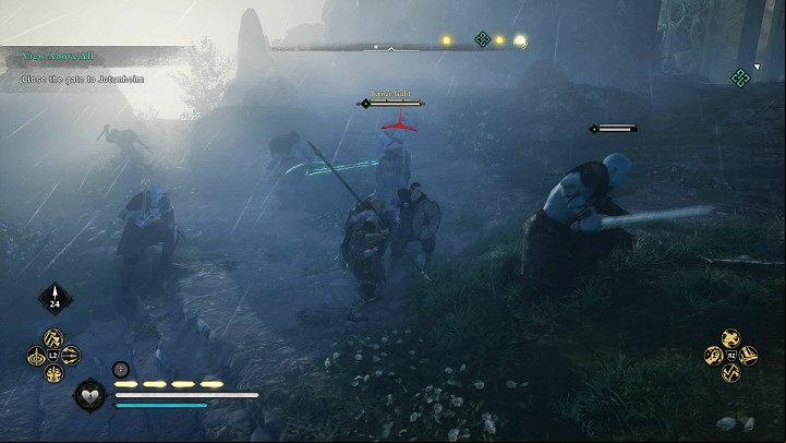 Your target is the ajar door through which enemy units are entering Asgard - Assassins Creed Valhalla: View Above All - Asgard - Assassins Creed Valhalla Guide and Walkthrough
