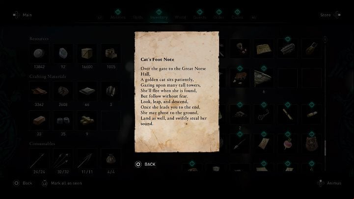 You can find a clue regarding where to find this ingredient by reading a note in your inventory' story items section - Assassins Creed Valhalla: A Felines Foothall - Asgard - Assassins Creed Valhalla Guide and Walkthrough