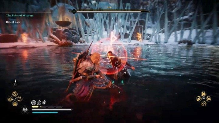 The god of trickery has an assortment of unblockable attacks, which are indicated by a red rune flash - you must avoid them, too - Assassins Creed Valhalla: The Price of Wisdom - Jotunheim - Assassins Creed Valhalla Guide and Walkthrough