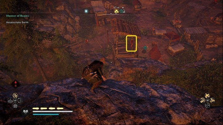 Then take the right side to go around the encampment and lurk in the spot shown in the image above - Assassins Creed Valhalla: Hunter of Beasts - Vinland - Assassins Creed Valhalla Guide and Walkthrough