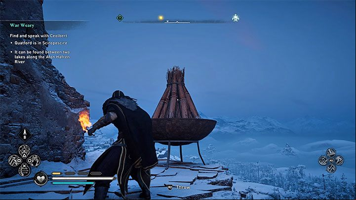 Braziers are easiest to light up with a torch - choose a torch from the drop-down menu (hold the bottom direction on the gamepad crosshairs) and throw it in the brazier ( to aim a little higher) - Assassins Creed Valhalla: How to unlock Is There Anybody Out There trophy? - Trophy guide - Assassins Creed Valhalla Guide and Walkthrough