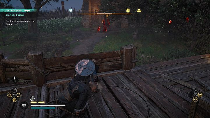 You will find the priest in a brick church behind a wooden palisade with red flags - Assassins Creed Valhalla: Unholy Father - Grantebridgescire - Assassins Creed Valhalla Guide and Walkthrough