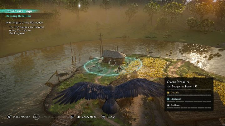 Use the raven to locate a suitable fishing hut, then go to a marked place to talk to your brother and watch a cut-scene - Assassins Creed Valhalla: Brewing Rebellion - Oxenefordscire - Assassins Creed Valhalla Guide and Walkthrough