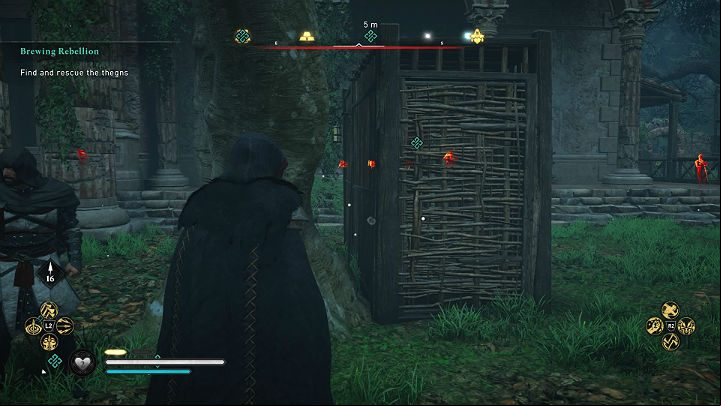 One of the thegns ones is kept in a cage next to the main building - Assassins Creed Valhalla: Brewing Rebellion - Oxenefordscire - Assassins Creed Valhalla Guide and Walkthrough