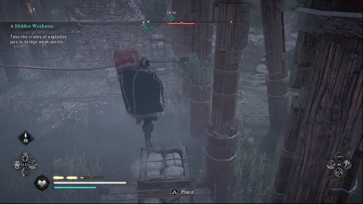 Before taking the last crate move the wooden shelf so you can use it to jump onto the rope hanging underneath the bridge - AC Valhalla Siege of Paris: A Hidden Weakness - Main missions - Assassins Creed Valhalla Guide and Walkthrough
