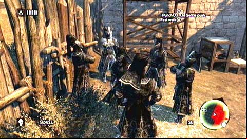 You can now head toward group of soldiers standing next to the wall and then blend into Janissaries at the left end of the camp - Memory 2 - p. 1 - Sequence 6 - Fortune's Disfavor - Assassins Creed: Revelations - Game Guide and Walkthrough