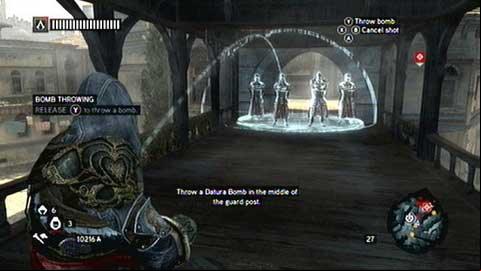 After the mission begins, walk towards indicated guards and throw the Datura Bomb at them - Datura; Caltrops; Smoke Decoy - Piri Reis Missions - Assassins Creed: Revelations - Game Guide and Walkthrough