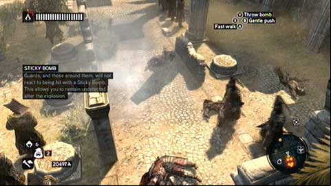 The thrown grenade will stick to his robe and explode after a while, killing the entire group of enemies - Sticky Situations; Tripwire - Piri Reis Missions - Assassins Creed: Revelations - Game Guide and Walkthrough