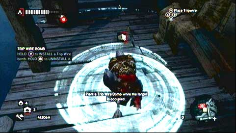 At the beginning go to the indicated place and then place the explosive there by holding Y - Sticky Situations; Tripwire - Piri Reis Missions - Assassins Creed: Revelations - Game Guide and Walkthrough