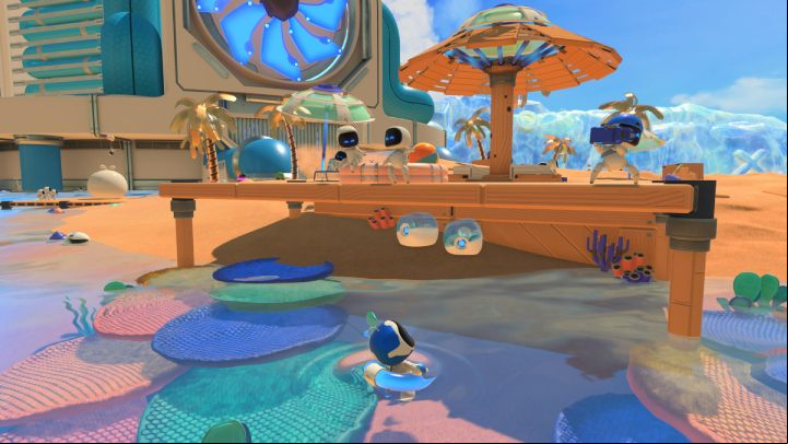 Jump off the umbrella and collect the coins that lie underneath - Astros Playroom: Bot Beach - walkthrough - Cooling Springs - Astros Playroom Guide