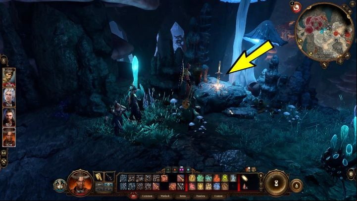 Between the Selunite Outpost and the Mykonid colony, you will find a sword in the stone - Baldurs Gate 3: Underdark in BG3 - walkthrough - Act 1 - Baldurs Gate 3 Guide, Walkthrough