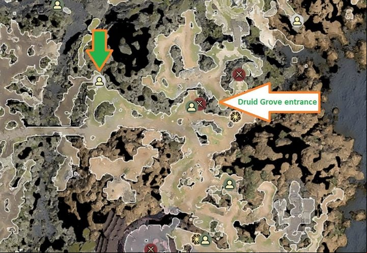 Green arrow - Edowin's location. Orange arrow: entrance to the Druid Grove. - BG3 - Illithid Powers Explained - Character & party development - Baldurs Gate 3 Guide, Walkthrough
