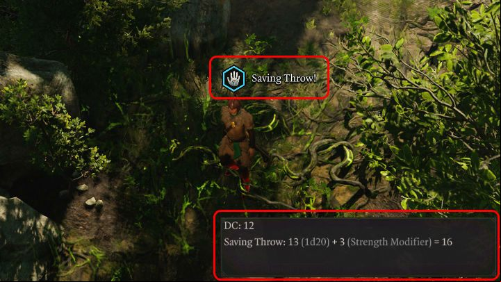 In the image above, the hero rolls a success in the Saving Throw against vines and could go on without any difficulty or damage received - Baldurs Gate 3: Abilities - Basics - Baldurs Gate 3 Guide, Walkthrough