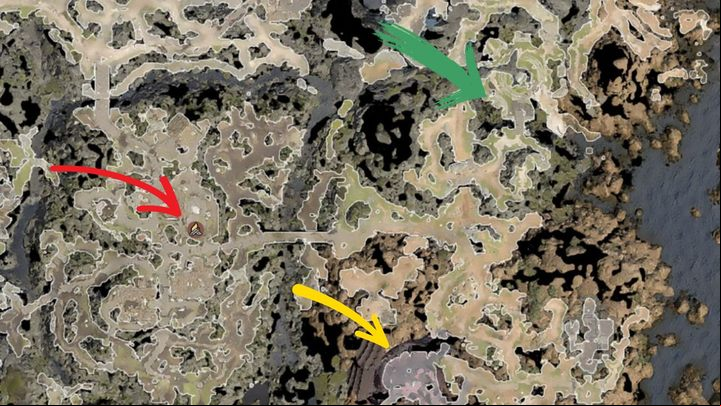 Location of the first Infernal Iron. The red arrow points to the building in the Blighted Village hiding the Infernal Iron. The yellow one points to the beginning of the game (Nautiloid shipwreck) and the green one to the Druid Grove. - Baldurs Gate 3: How to acquire Infernal Iron? - Campaign - Baldurs Gate 3 Guide, Walkthrough