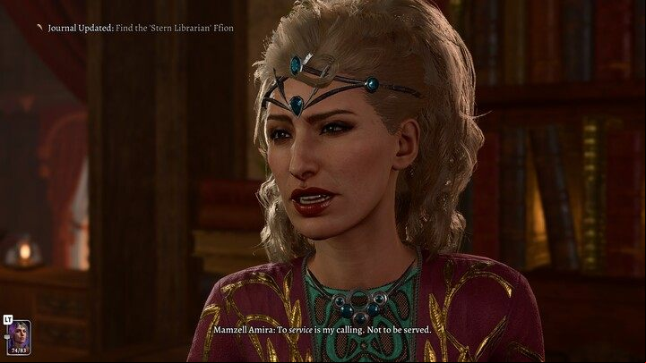 You've just found Ffion - you can return to the woman in Sharess' Caress and turn in the quest - Baldurs Gate 3: Find the Stern Librarian Ffion - Act 3 - Baldurs Gate 3 Guide, Walkthrough